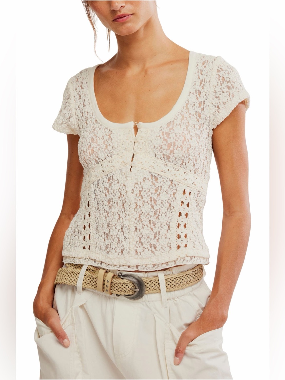 Free People Claro Lace Tee Whisper White Size XS NWOT Sheer Cropped Button Front